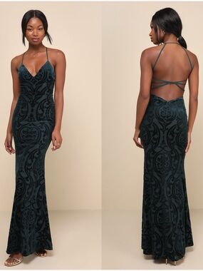 LULUS Marvelous Icon Emerald Velvet Glitter Backless Maxi Dress